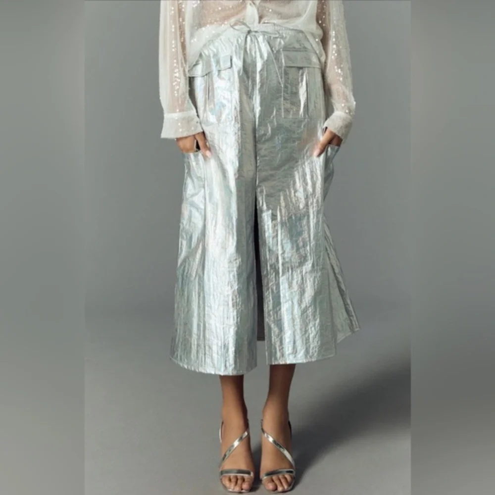 New Anthropologie Metallic Silver Shine Cargo Maxi Skirt Women’s Size Small - Picture 1 of 16